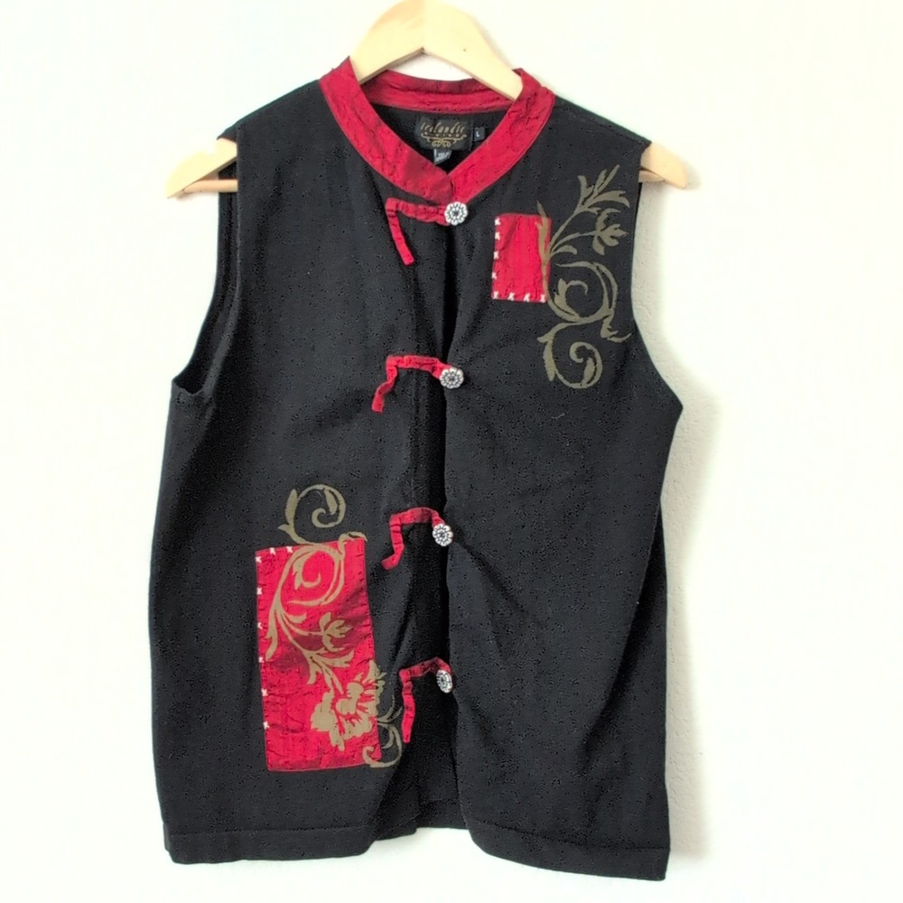 Icelandic Design Black Red Floral Sleeveless‎ Vest Women's L Oriental Asian Tang